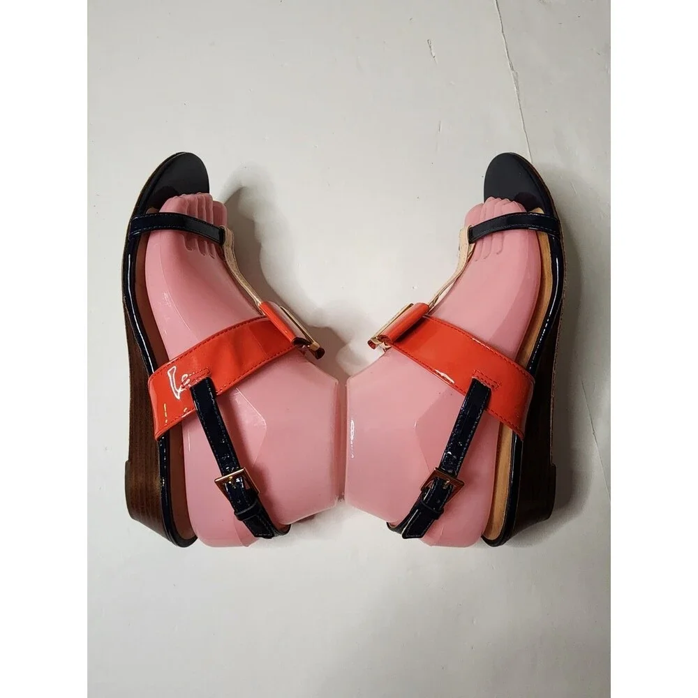 Kate Spade New York Patent Leather T-Strap Sandals Womens 7 Red Navy Bow Accent